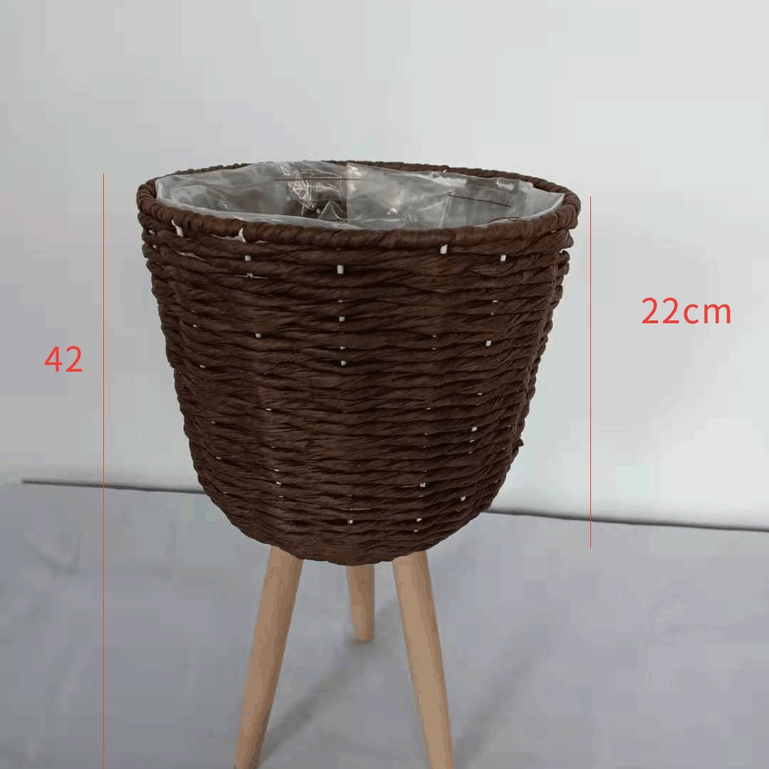 Piso de La Flor soporte de madera pierna piso flor soporte tejida flor olla sala de estar balcón decoración flor cesta paja tejido piso soporte