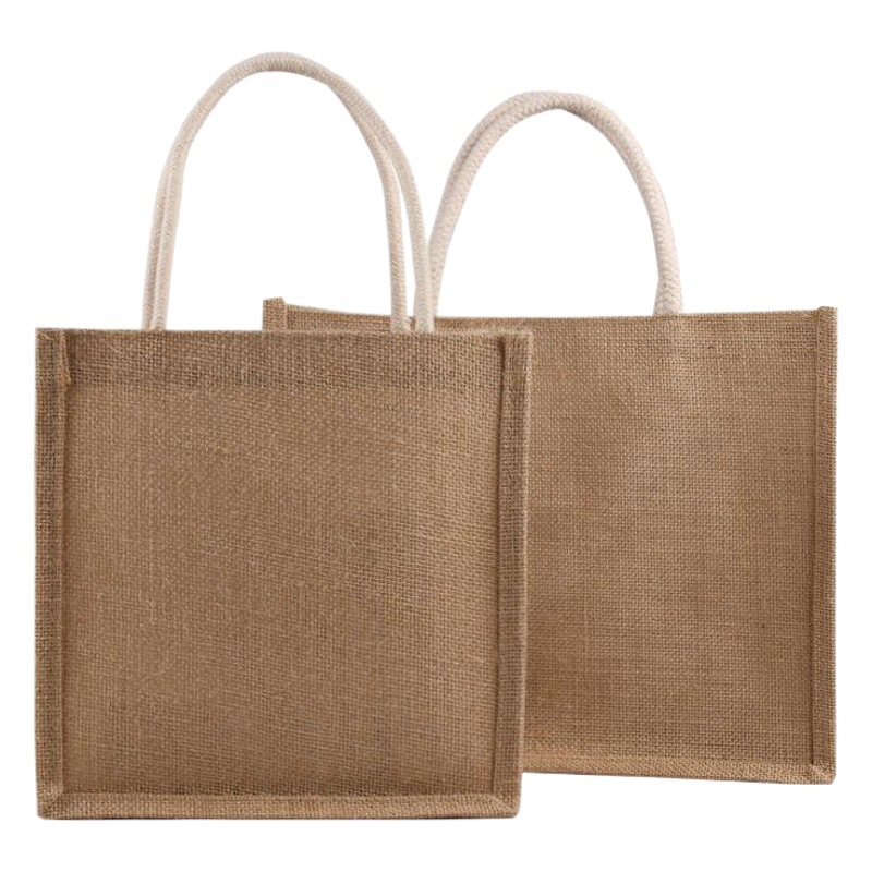 En stock en blanco bolsa de compras de lino estilo coreano simple imitación de lino bolsa de lino bolso de yute recubierto logotipo imprimible