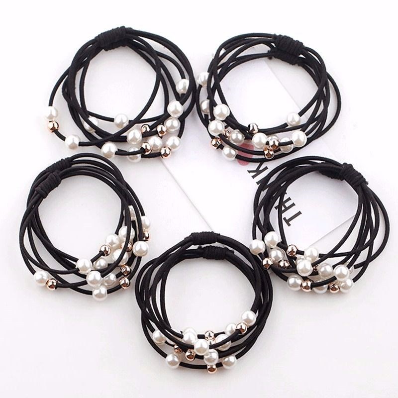Estilo coreano pelo banda cuerda de pelo femenino corbata adulto banda goma alta elástico durable simple negro perla cuero caso