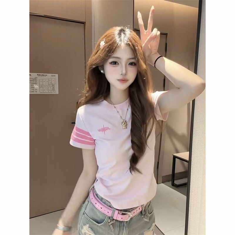Striped webbing! 3D embroidery】American-style regular-shoulder short-sleeve T-shirt, versatile, slim-fit, flattering, Polaris hot girl short style Striped webbing! 3D embroidery】American-style regular-shoulder short-sleeve T-shirt, versatile, slim-fit, flattering, Polaris hot girl short style