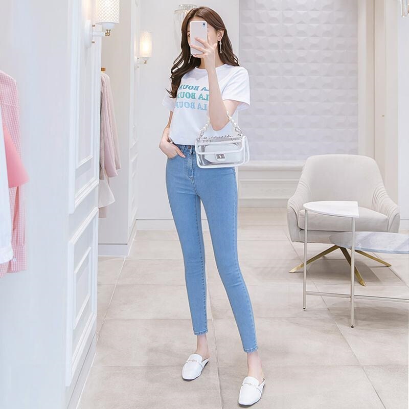 Stretch Denim Jeans for Women, High-Waisted, Skinny Fit, Light Blue, 2026 Summer Korean Style, Slimming Pencil Pants Stretch Denim Jeans for Women, High-Waisted, Skinny Fit, Light Blue, 2026 Summer Korean Style, Slimming Pencil Pants