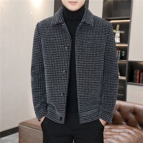 Men's Winter Leisure Stylish Woolen Overcoat with Plaid Collar, Short Length, Fleece Lining, Thick Woolen Material, Korean Style, Fashion Trend