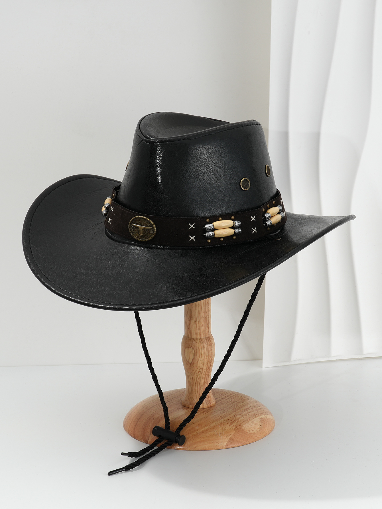 Retro Western Cowboy Hat For Men Pu Leather With Metal Beading_voghion.com