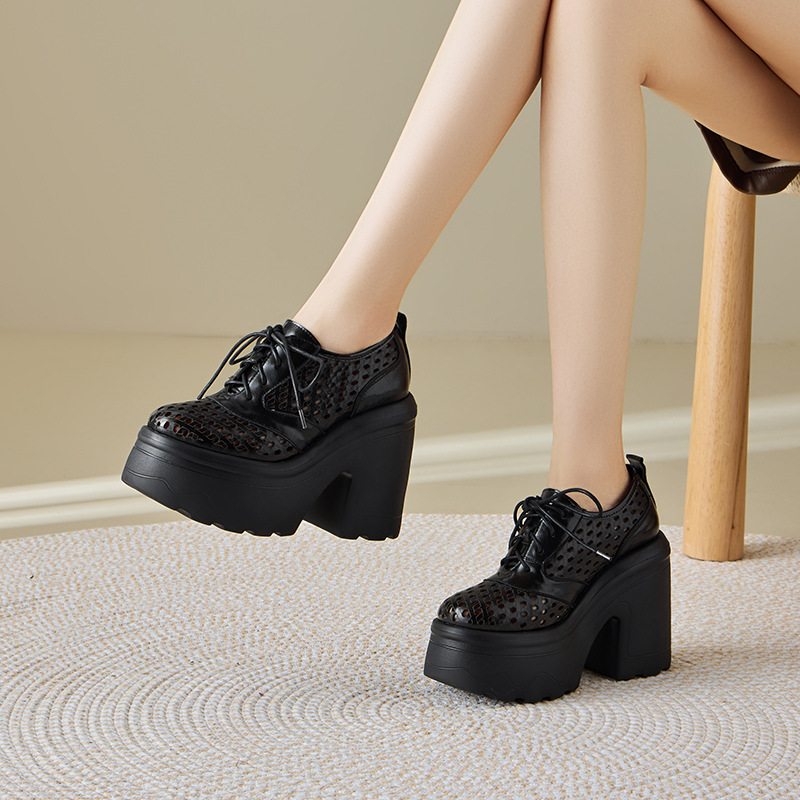 Giày cao gót nữ phong cách Anh quốc, gót vuông 12 cm, mũi hở, thoáng khí — màu đen