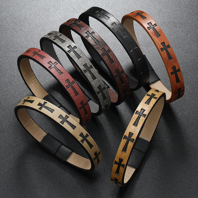 European and American fashion alloy leather bracelet men's printed cross bracelet magnet buckle retro simple woven leather bracelet