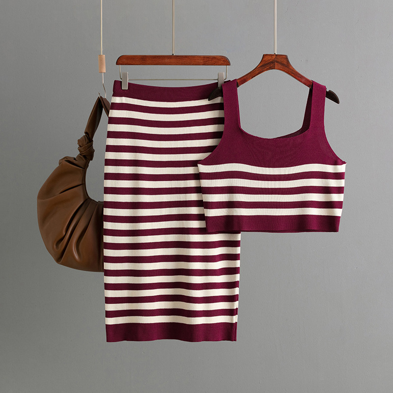 246g Weight Sleeveless Sleeve Length Ice Silk Fabric Type Leisure Suit Sets Type Daily Occasion Collarless Neckline Contrast Binding Function Slim Fit Type Stripes/Plaid Pattern Summer Season Women's Gender Basic, Commute style Style Daily Women's Basic Commute Style Stripes/Plaid Ice Silk Leisure Suit Skirt Sets 3