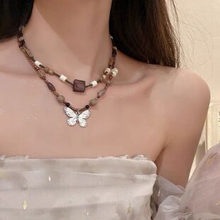 New Chinese Style Vintage Beaded Butterfly Necklace Women's Light Luxury Niche Design Sense Interior Decoration Overlapping Collarbone Chain Accessories