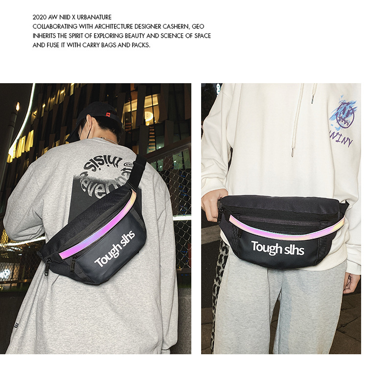 Wholesale of new men's and women's trendy waist bags, outdoor laser reflective chest bags, fashionable street crossbody bags and sports waist bags Specification drawing