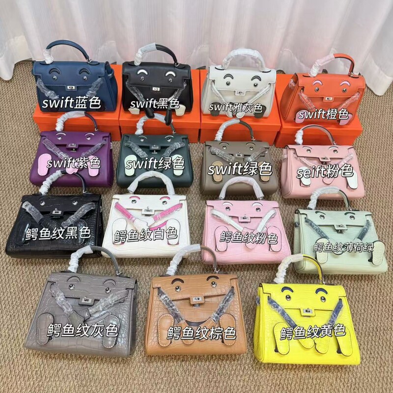 Millennial Kelly Bag Smiley Face Bag Genuine Leather Mini Handbag First Layer Cowhide Crocodile Pattern Single Shoulder Crossbody Bag for Women