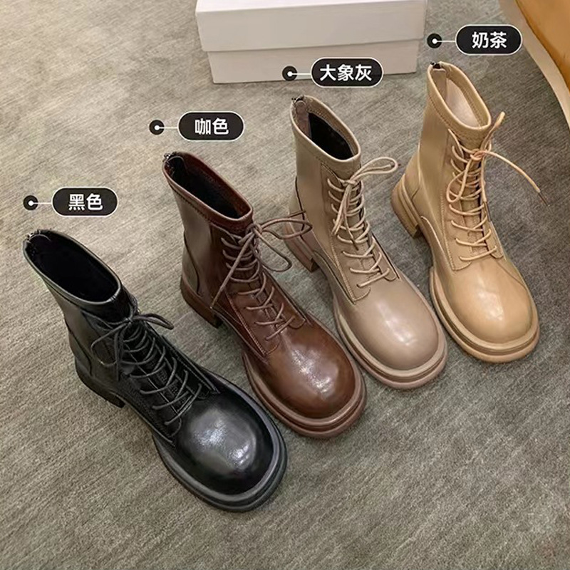 Uva mamá punta redonda Otoño e Invierno Nuevo estilo coreano adelgazante tacón grueso botas cortas aumento de la altura de las mujeres con cordones Martin botas cortas