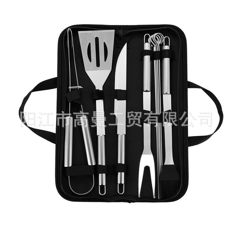Juego de herramientas para barbacoa personalizado para comercio electrónico transfronterizo, exportación de fábrica, venta al por mayor, portátil, varios estilos, con bolsa de tela y asa pequeña.