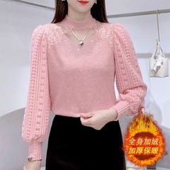 法式減齡蕾絲拼接針織女2025秋冬新款高級感加絨顯瘦百搭洋氣上衣
