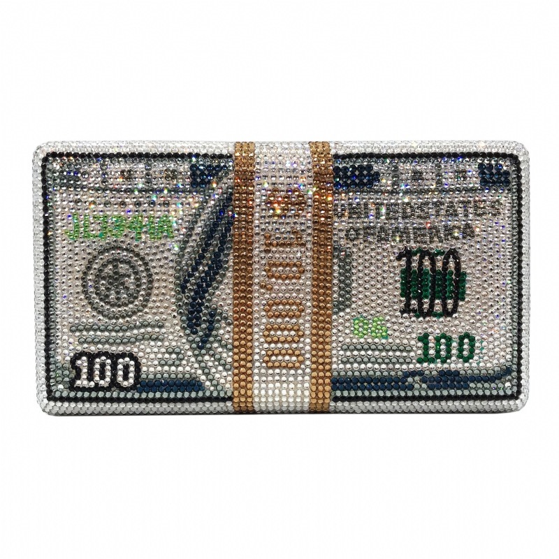 Bolsa de cena de diamantes hecha a mano, un paquete de dólares con un fondo plano lleno de diamantes, vestido de banquete europeo y americano, bolsas cuadradas de mano, dólares