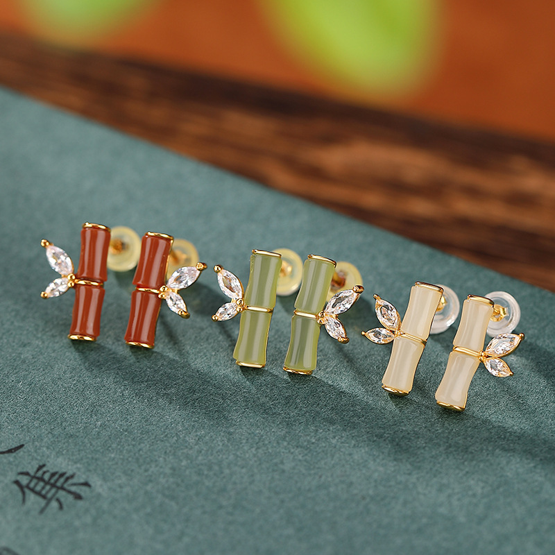 Bông tai bạc S925 mạ vàng đỏ hình lá tre phong cách hoang dã — Kiểu Sapphire