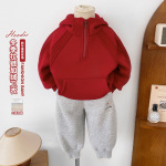 风之谷2025冬季新款童装儿童新年款發字加绒卫衣男女童拜年红帽衫