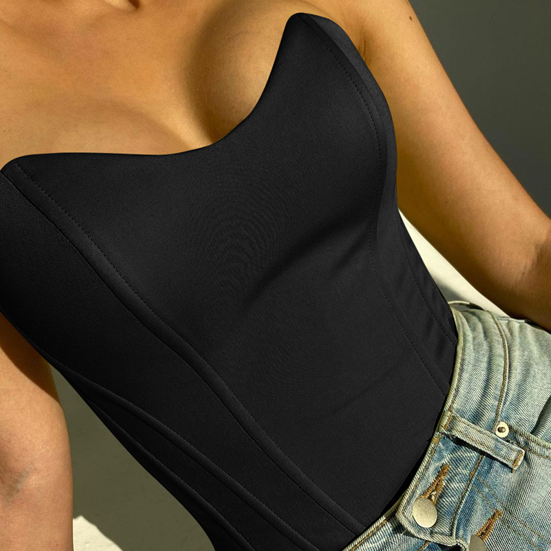 Fishbone Corset Tank Top Slim Fit Elegant Solid Colour Top_voghion.com