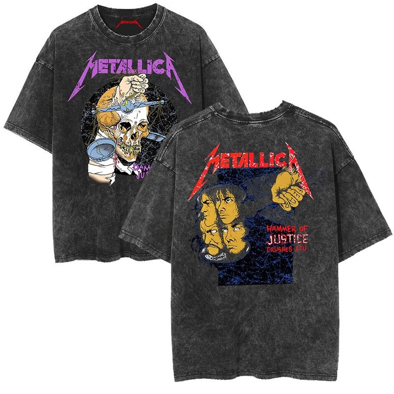 Rock Music Old Batik Heavy Metal Metallica Retro Men's Loose Washed Team Short-Sleeved American T-Shirt
