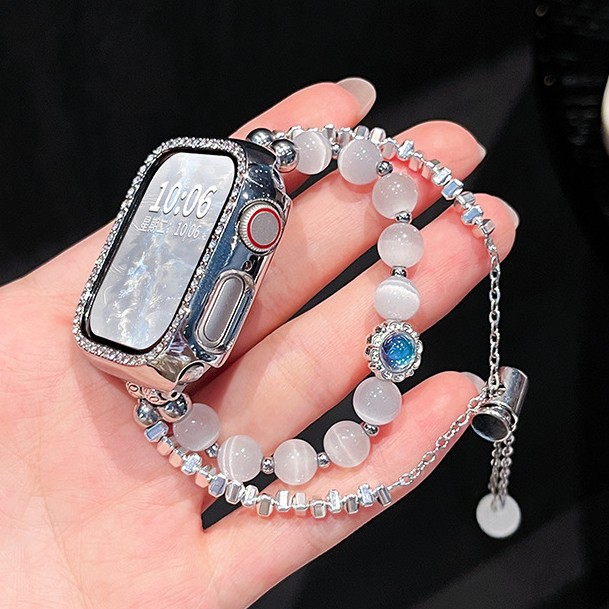 Pure White Cat Eye Beaded Watch Strap Suitable for iWatch Apple Watch Applewatch S10 Double Row S9 Female Summer Se