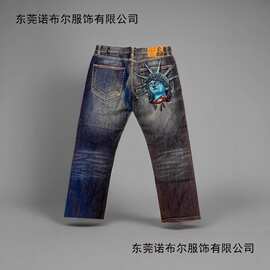 欧美跨境2025新款自由女神像复古做旧水洗牛仔裤男女潮牌直筒长裤