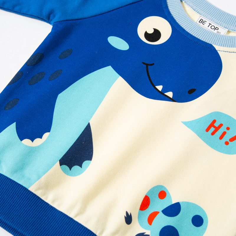 Ser la mejor ropa para niños 2024 Primavera y otoño nuevos niños de dibujos animados dinosaurio suéter de manga larga contraste color cuello redondo moda