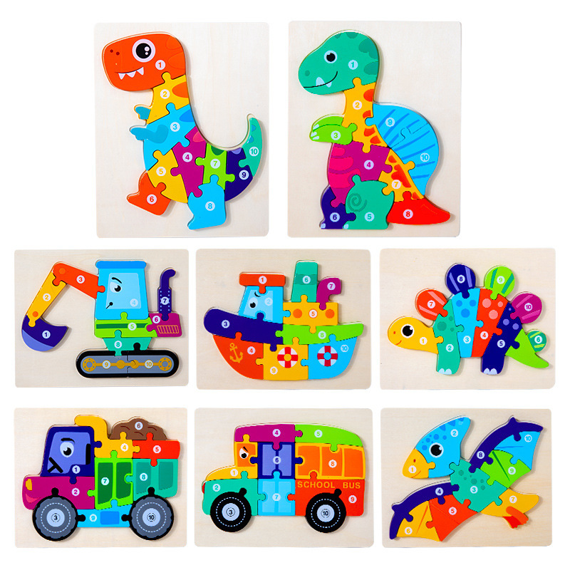 Transfronterizo de madera 3D rompecabezas educación temprana transporte digital animal rompecabezas hebilla tridimensional dinosaurio bloques de construcción de juguete