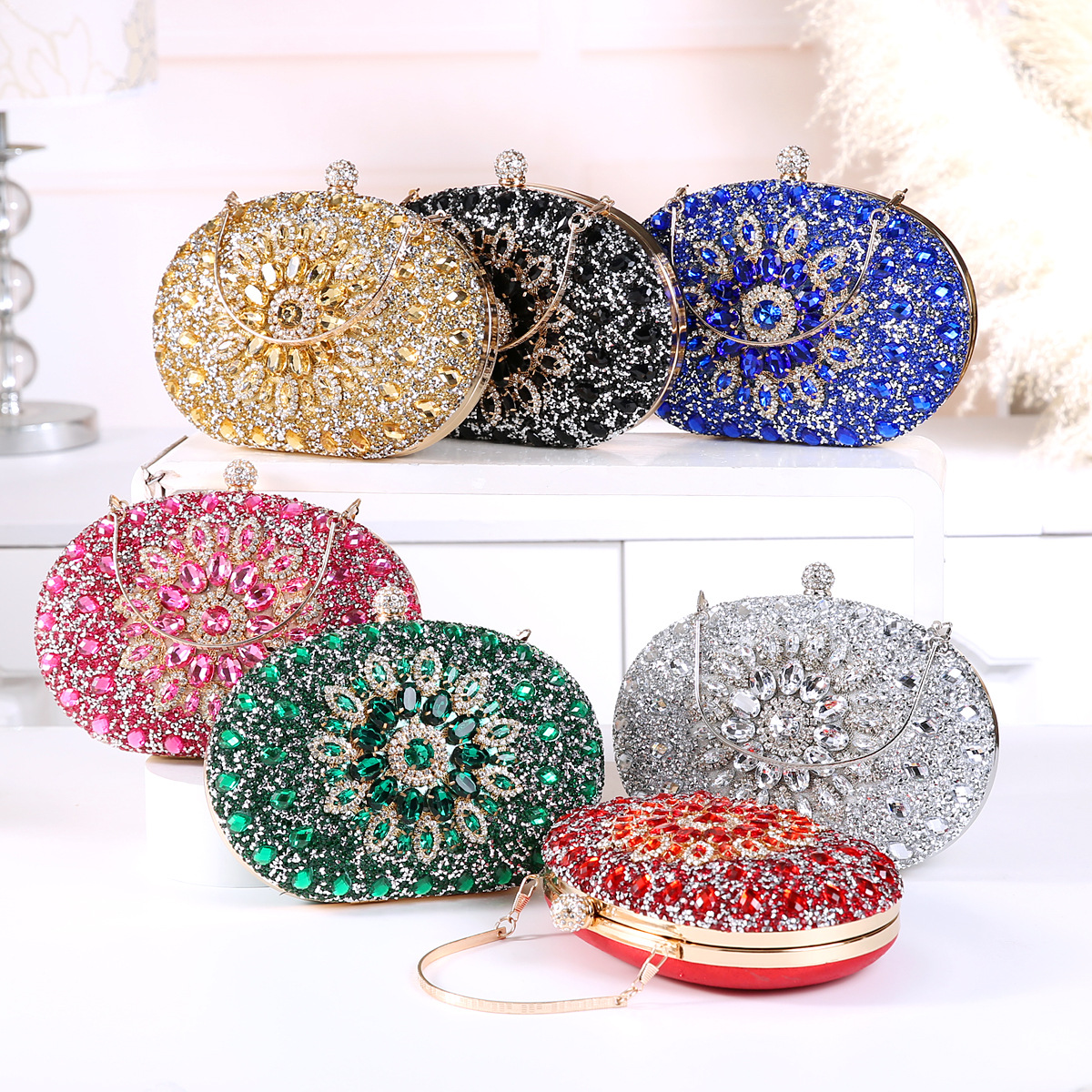 337g Weight Polyester Lining Material Lock clasp Closure Type Top Handle Strap Type Evening Bag Bags Type Party Occasion Pu Leather Material Printing Pattern All Seasons Season Women's Gender Diamond Design Elegant Style Oval Shape Small Size Pu Leather Printing Oval Evening Bags 无