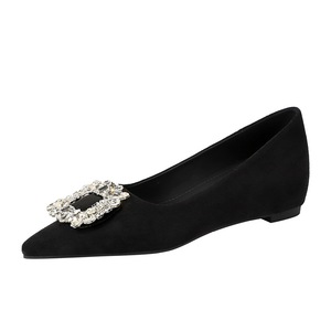 9121-K90 French pointed single shoe for women, flat bottom, shallow mouth, rhinestone square buckle, suede inside, heigh