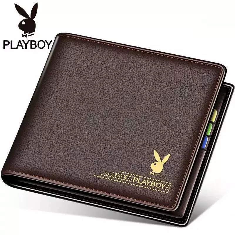 Кожаный маленький бифолд-кошелек (Playboy), компактный двухслойный держатель карт, коричневый/черный