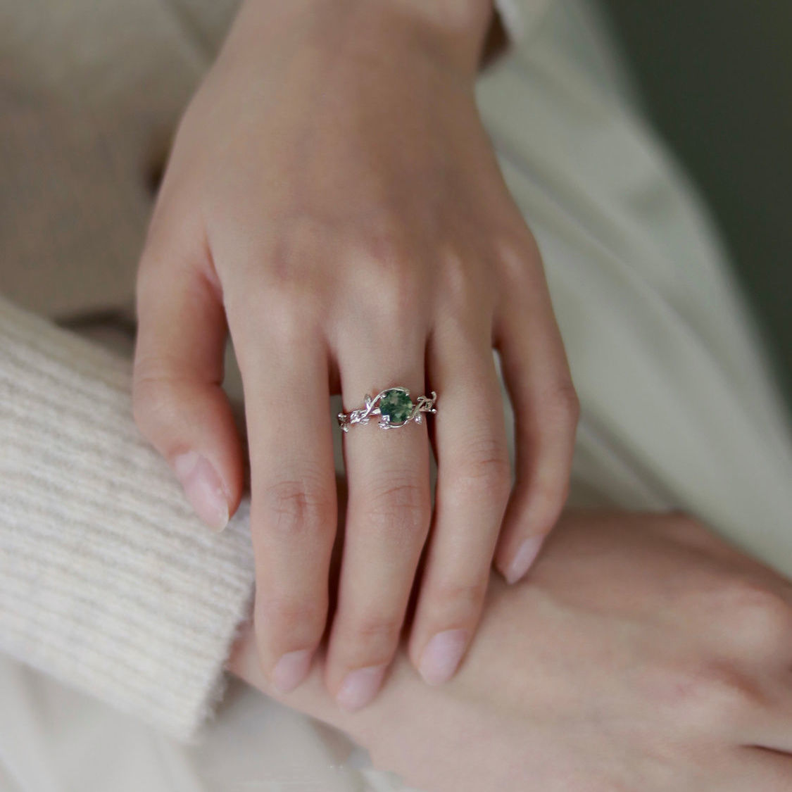 S925 Silver Plated Green Moss Stone Water Plants Agate Open Ring