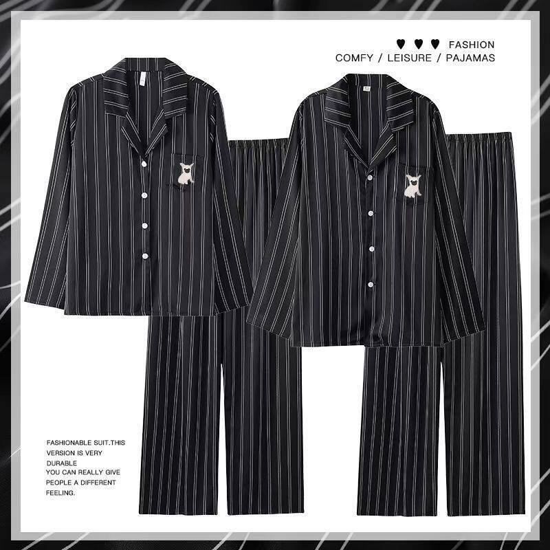Couple's Pajamas for Men, Spring and Autumn Thin Ice Silk Long-Sleeve Loungewear, Women's Summer Silk Black Plus-Size Set Couple's Pajamas for Men, Spring and Autumn Thin Ice Silk Long-Sleeve Loungewear, Women's Summer Silk Black Plus-Size Set