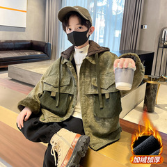 Boys' Fleece Lined Winter Coat 2023 New Model for Middle Children Children's Clothing Thick Tie-Dye Denim Jacket Cotton Coat