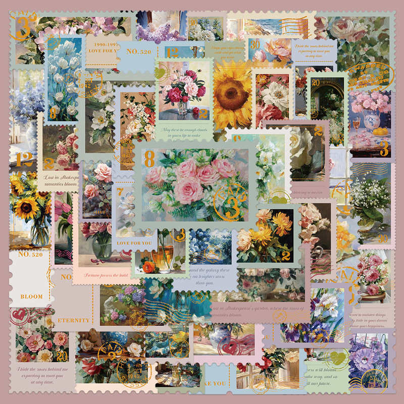 50 Flower Stamp Stickers Luggage Laptop Handbook Mobile Phone Shell Decoration Cross-border DIY Stickers