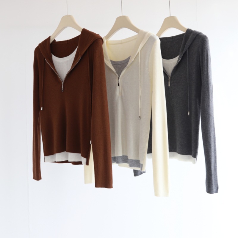 Design Sense Fake Two-piece Zipper Hooded Sweater Women's Autumn and Winter New Fashionable Casual Long-sleeved Pullover Top