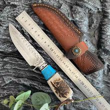 户外刀手工刀水果刀小刀刀刀具鹿角手柄大马士革钢刀片直刀批发