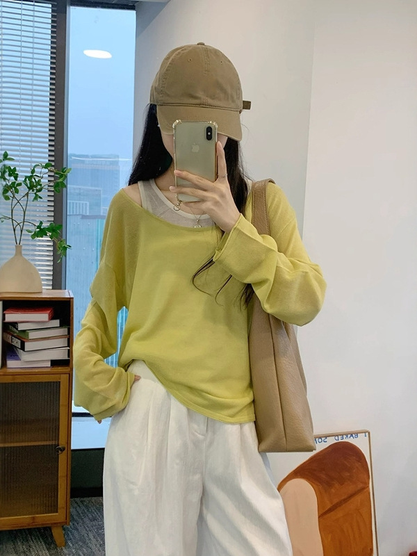 多巴胺紫色假两件针织长袖t恤女早秋慵懒风打底衫设计感小众上衣|undefined