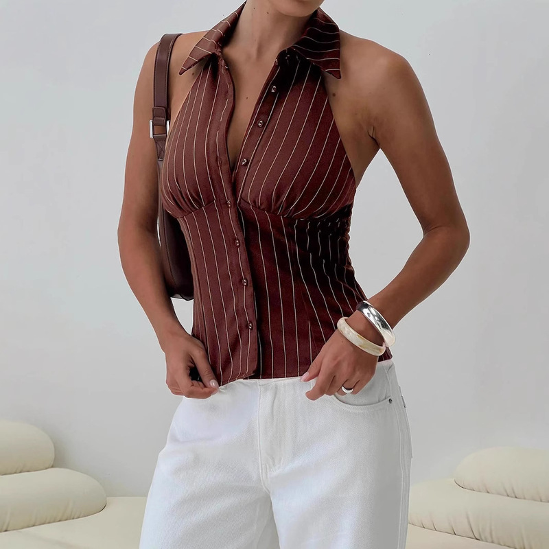 2025 European and American Amazon Women's Tops Sexy Halter Neck Striped Slim Sleeveless Shirt with Vintage Elements