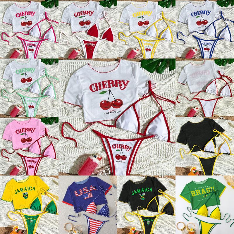 2026 Cross-Border European and American Bs Short-Sleeved Slim Sexy Split Swimsuit Women's New Sexy Bikini Three-Piece Swimsuit