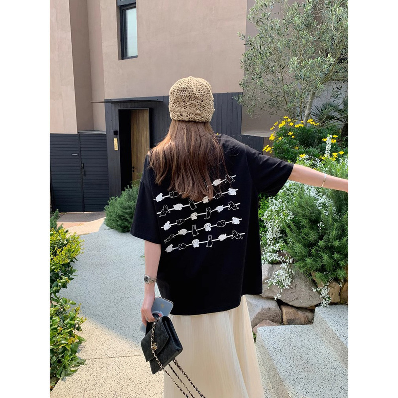 3417 #   Ah Yi Cat and Dog Diary Simple Printed Cotton Short-Sleeved T-Shirt Casual Black Loose Round Neck Top