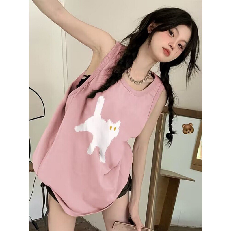 Pure Cotton pink vest sleeveless T-shirt Women's Mid-length summer outer wear casual loose plus size basketball top clothes fashion