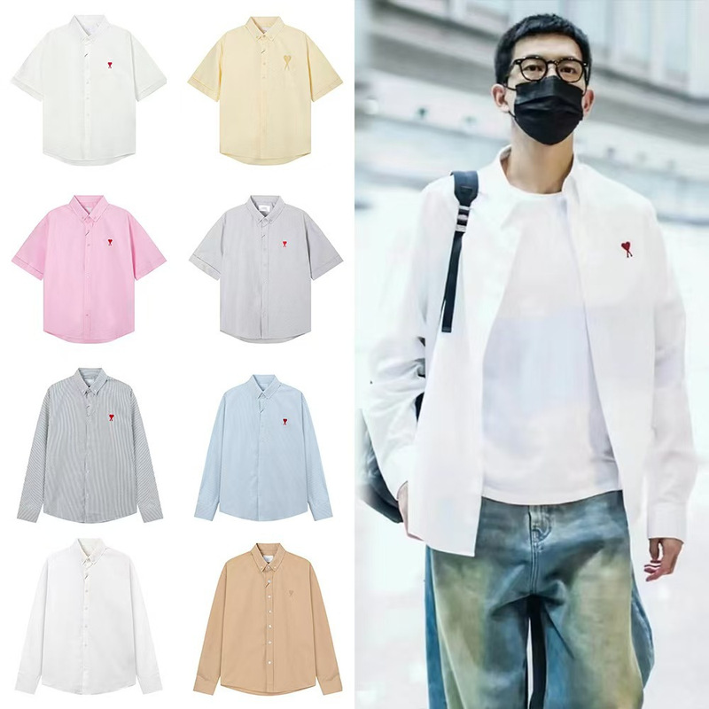 A* Small Heart Embroidered Shirt Summer New Men and Women Couple Pure Color Shirt Casual Loose Cotton Top 25