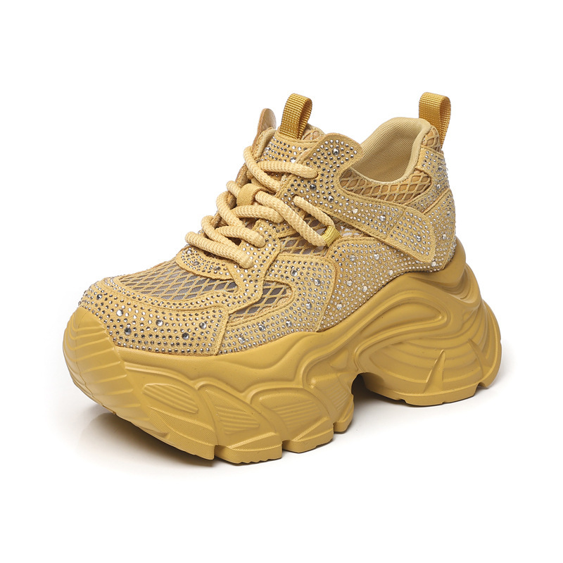 Giày sneaker nữ chunky đế dày đính đá rhinestone phong cách thể thao — màu trắng