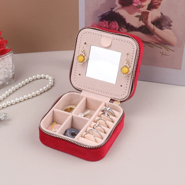 Small mirror, red storage system with zipper