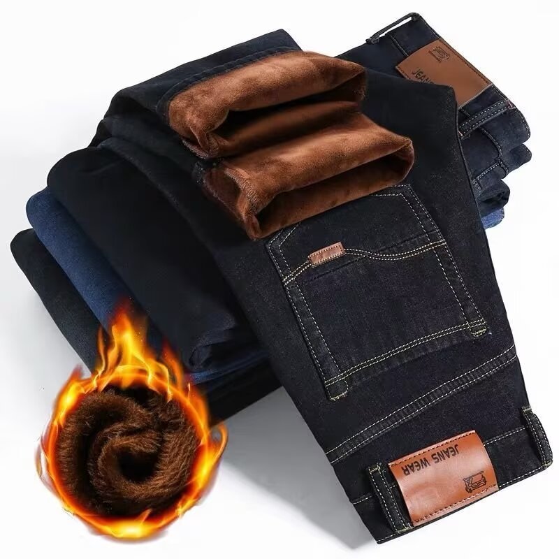 Cross-Border Autumn and Winter Velvet Men's Jeans Men's Elastic Loose Straight Casual Middle-Aged Work Long Pants Cross-Border Autumn and Winter Velvet Men's Jeans Men's Elastic Loose Straight Casual Middle-Aged Work Long Pants
