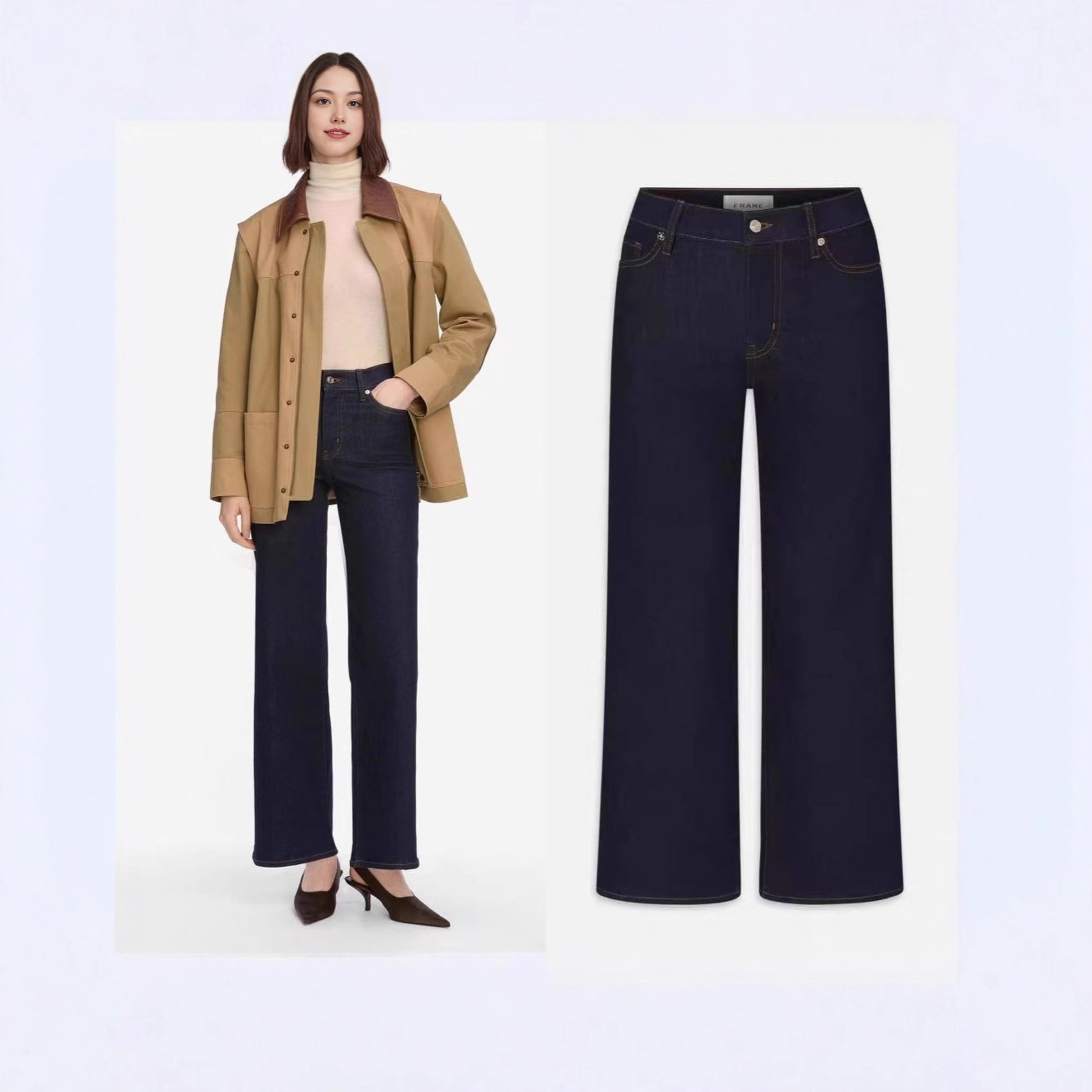 2025 New Autumn and Winter European and American Fd Same Style Dark Blue Not Easy to Fade Mid-Waist Straight Wide-Leg Nine-Point Jeans for Women