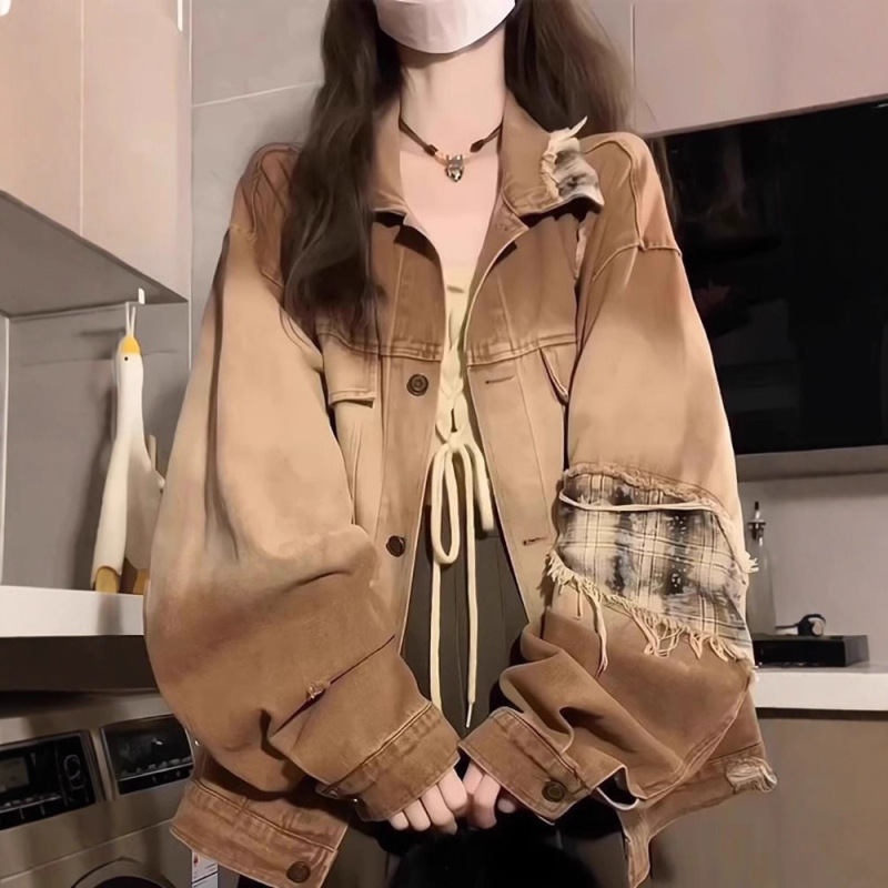 【1.8万人收藏】美式高街破洞贴布牛仔外套女潮牌春秋宽松慵懒风|undefined