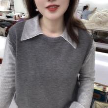 90-170斤假两件撞色拼接条纹针织衫女秋季设计感轻职场通勤上衣