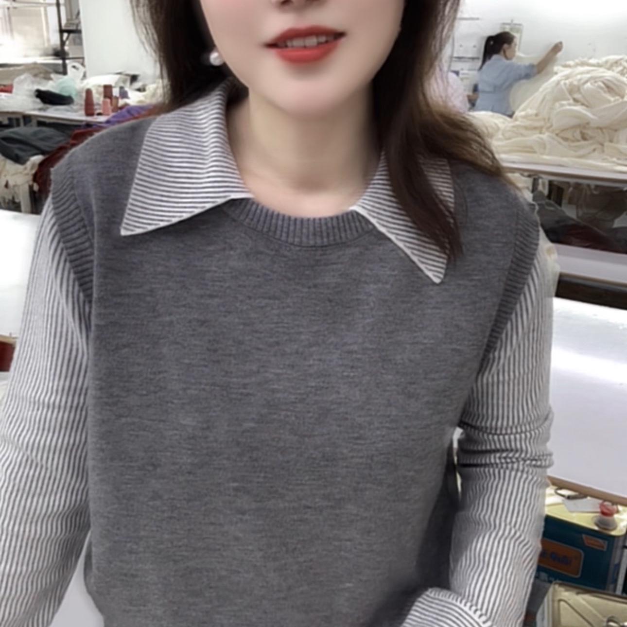 90-170斤假两件撞色拼接条纹针织衫女秋季设计感轻职场通勤上衣