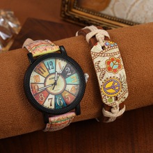 花面木纹皮革腕表复古石英表带印花编织皮革手链套装数字面学生表