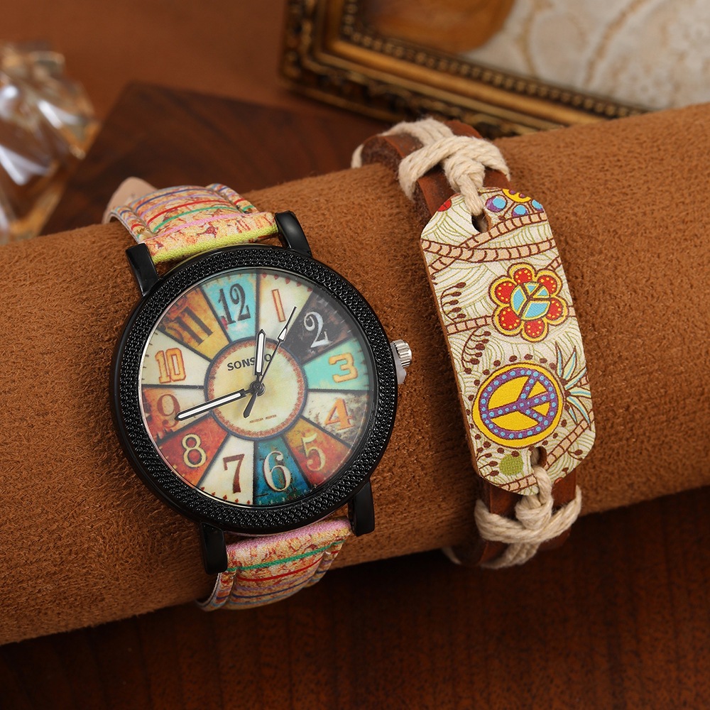 花面木纹皮革腕表复古石英表带印花编织皮革手链套装数字面学生表