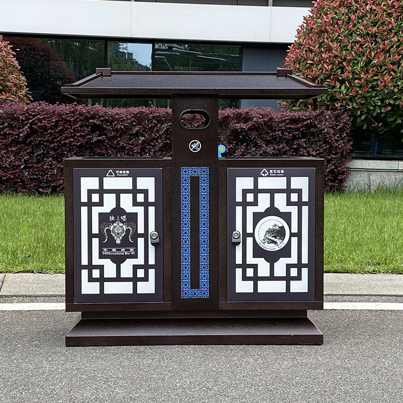 Outdoor Two-Category Trash Can, Antique Landscape Area Garden Trash Can, Chinese Landscape Trash Can, Outdoor Peel Box